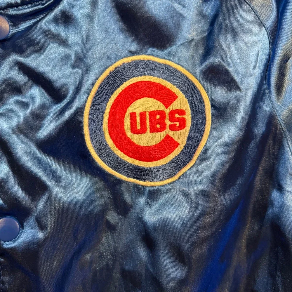 Mighty Mac Sports Chicago Cubs Blue Satin Varsity Jacket Mens Large MLB Bomber